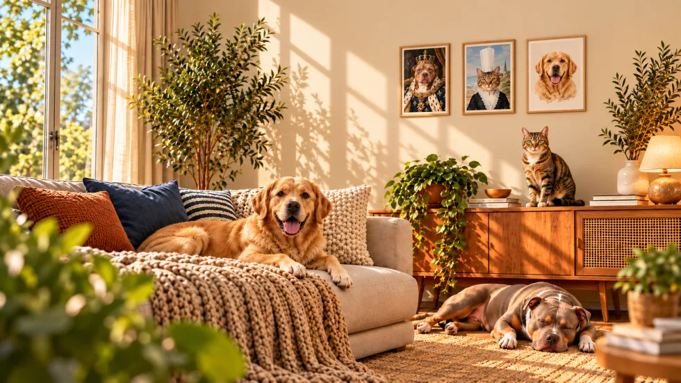 Exemples de portraits d’animaux personnalisés et encadrés dans un salon