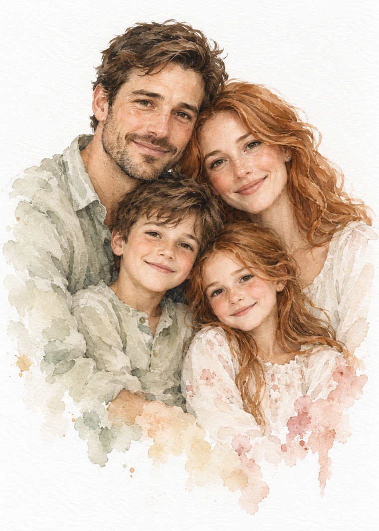 Exemple fictif d’une famille interprétée à l’aquarelle