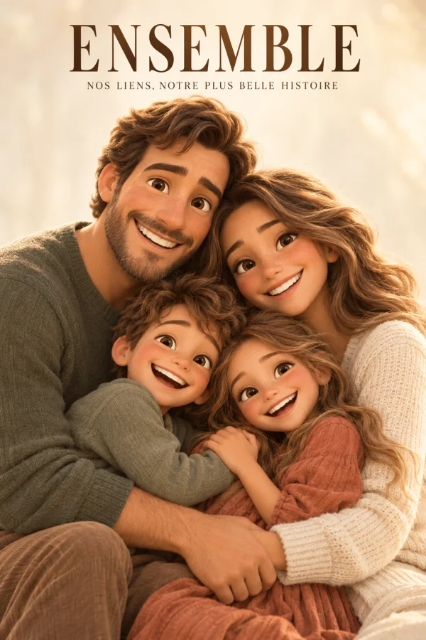 Le câlin de famille — exemple de portrait familial généré par IA